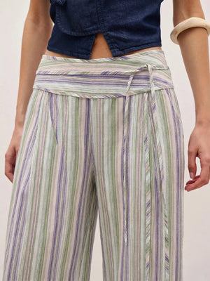 Striped Wide-leg Pants With Tie Waist in Blue, editorial view