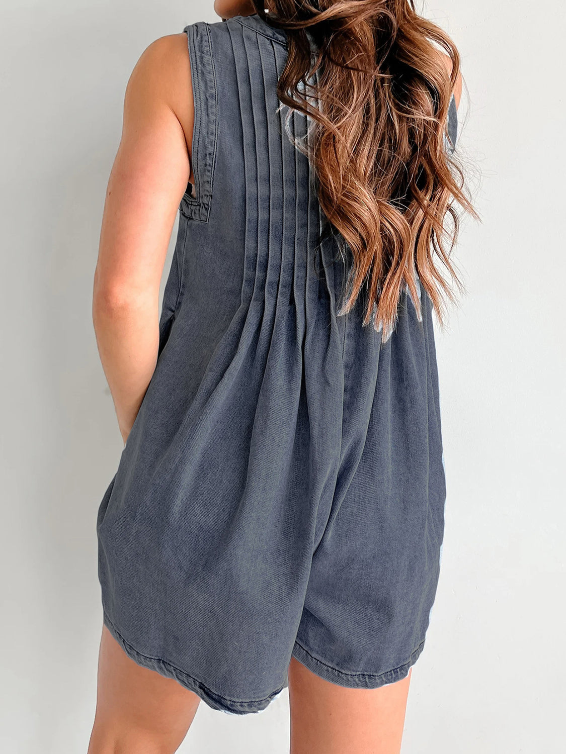 Dark Navy denim playsuit with pleated back and A-line shorts.