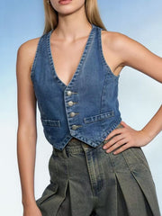 Light blue denim cropped vest with button-down front and V-neck