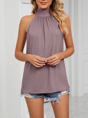 Lilac ruched high neck cami with tie back detail, sleeveless.