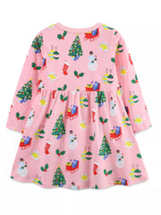 Pink long-sleeve baby dress with Christmas print, featuring snowmen, trees, stockings, and gifts.