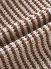 Cozy knit baby set in light brown and white stripes, waffle texture.