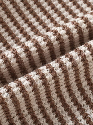 Cozy knit baby set in light brown and white stripes, waffle texture.