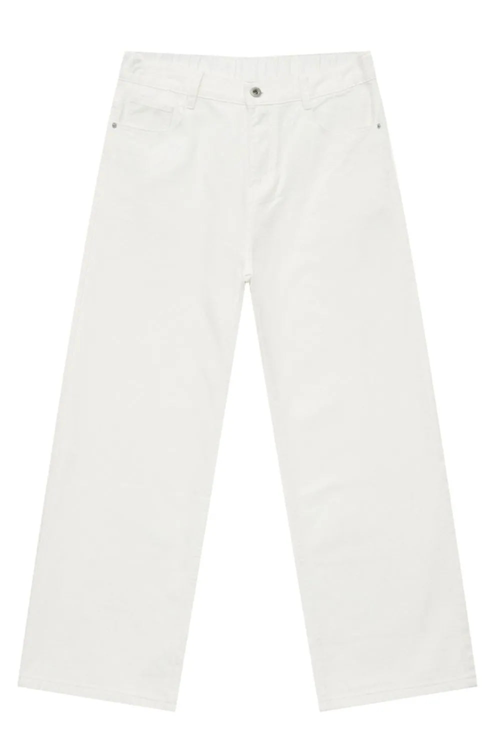 White wide-leg denim trousers with elastic waist and front pockets
