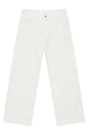 White wide-leg denim trousers with elastic waist and front pockets