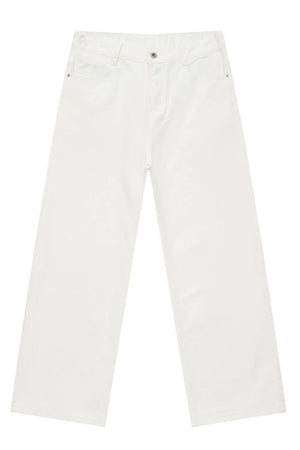 White wide-leg denim trousers with elastic waist and front pockets