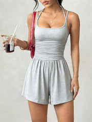 Ruched Spaghetti Strap Romper in Olive Green, view 17