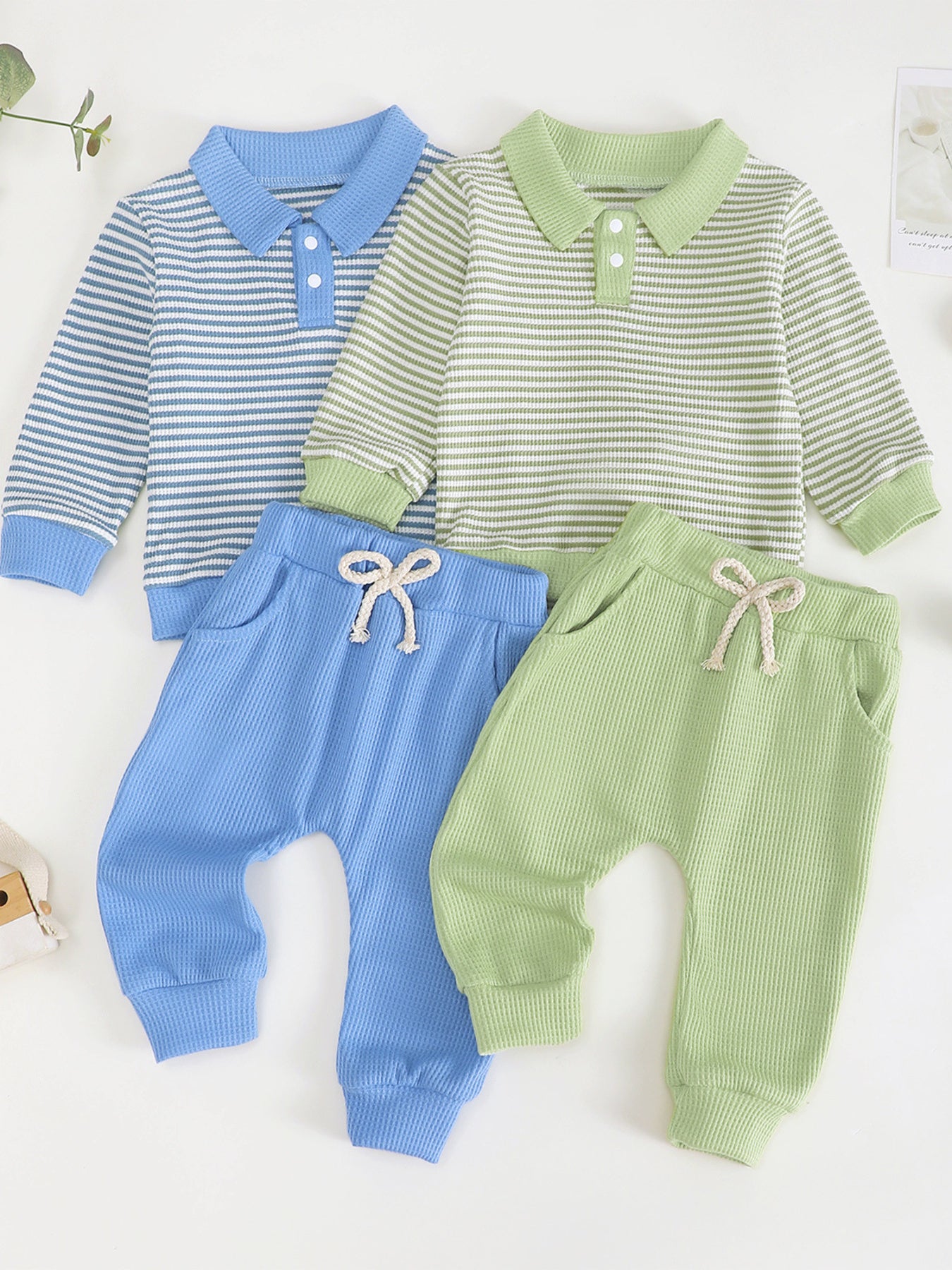 Children's blue and green striped polo shirts with matching waffle knit pants.