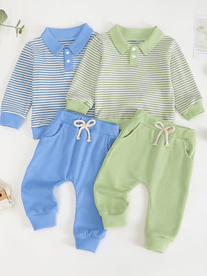 Children's blue and green striped polo shirts with matching waffle knit pants.