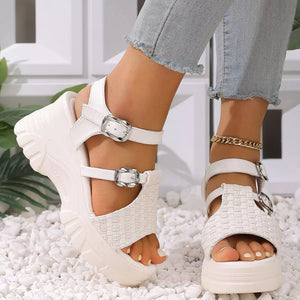 White woven texture high wedge sandals with adjustable buckle straps and chunky platform sole.