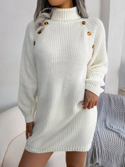 White ribbed knit turtleneck sweater dress with shoulder buttons