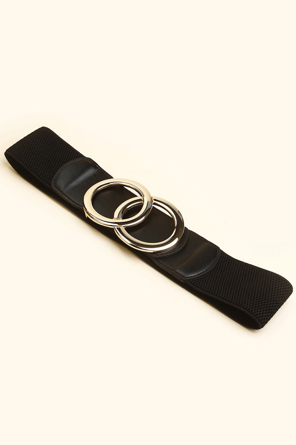 Black stretch belt with interlocked silver rings and faux leather accents