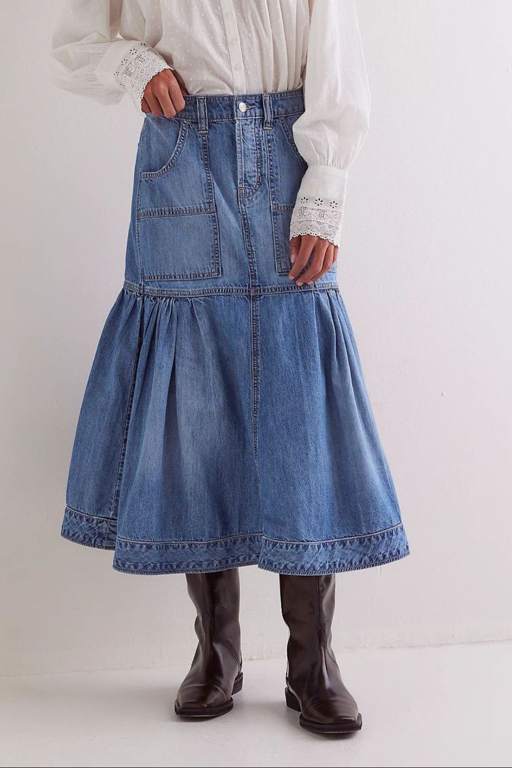 Denim flounce midi skirt in medium wash with pockets and decorative hem