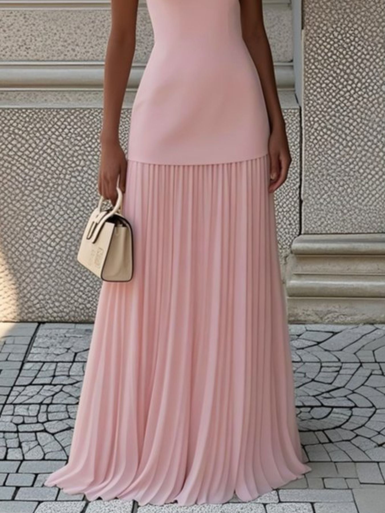 Pink sleeveless boat neck top with pleated maxi skirt set