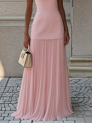 Pink sleeveless boat neck top with pleated maxi skirt set