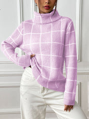 Grid-patterned lilac turtleneck knit pullover sweater with a high neck and long sleeves.