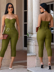 Strapless cinched-waist jumpsuit in moss green with a belted detail and cropped pants.
