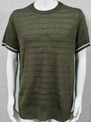 Army green textured knit t-shirt with short sleeves and striped cuffs.
