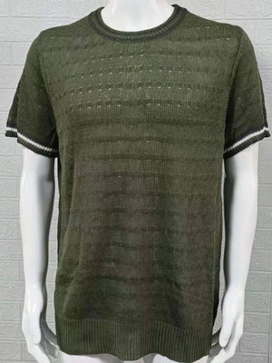 Army green textured knit t-shirt with short sleeves and striped cuffs.