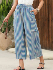 Light blue and white striped cargo culottes with drawstring waist and patch pockets.