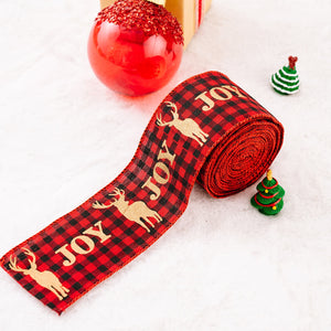 Red and black buffalo check ribbon with gold deer and JOY text, for crafts.