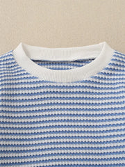 Baby knit set in light blue and white stripes with a crew neck and waffle texture.