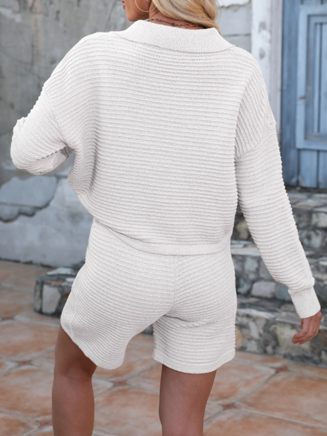 White textured knit polo sweater and shorts set with ribbed details.