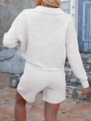 White textured knit polo sweater and shorts set with ribbed details.