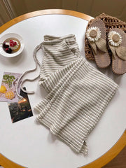 Maternity wide leg trousers in grey and white stripe with drawstring waist.