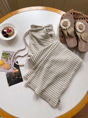 Maternity wide leg trousers in grey and white stripe with drawstring waist.
