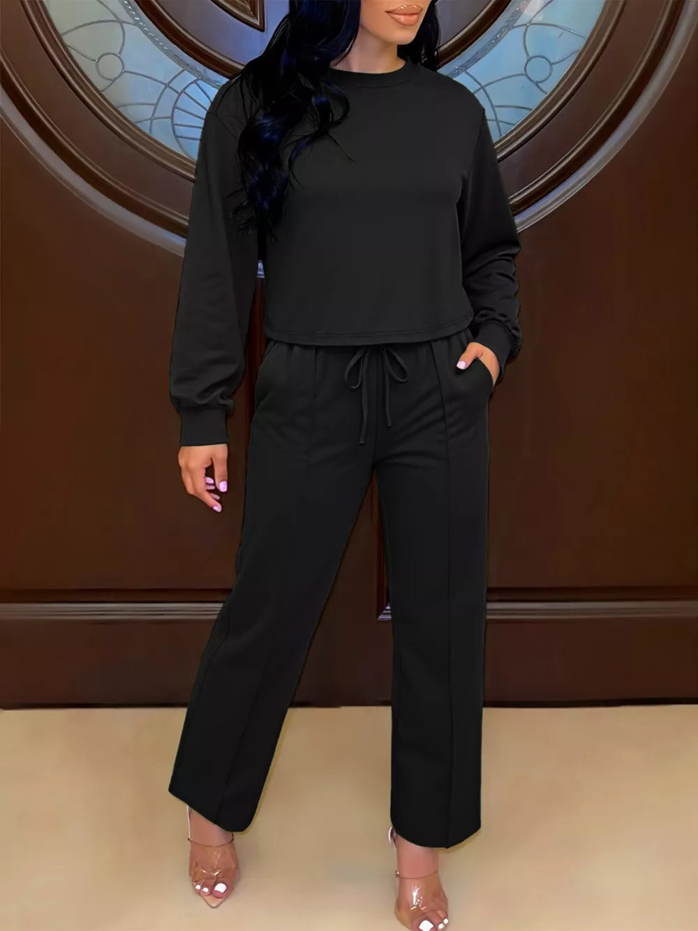 Black long sleeve top and wide leg pants set with drawstring waist