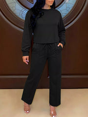 Black long sleeve top and wide leg pants set with drawstring waist
