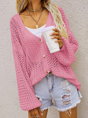 Dusty Pink open-knit button-down cardigan with balloon sleeves and V-neck.