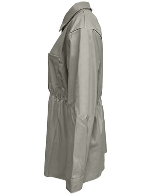 Gathered waist faux leather shirt jacket in matcha green with a chest pocket.