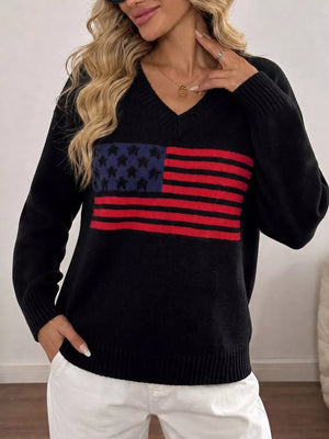 American Flag V-neck Knit Top in Black, model styling view
