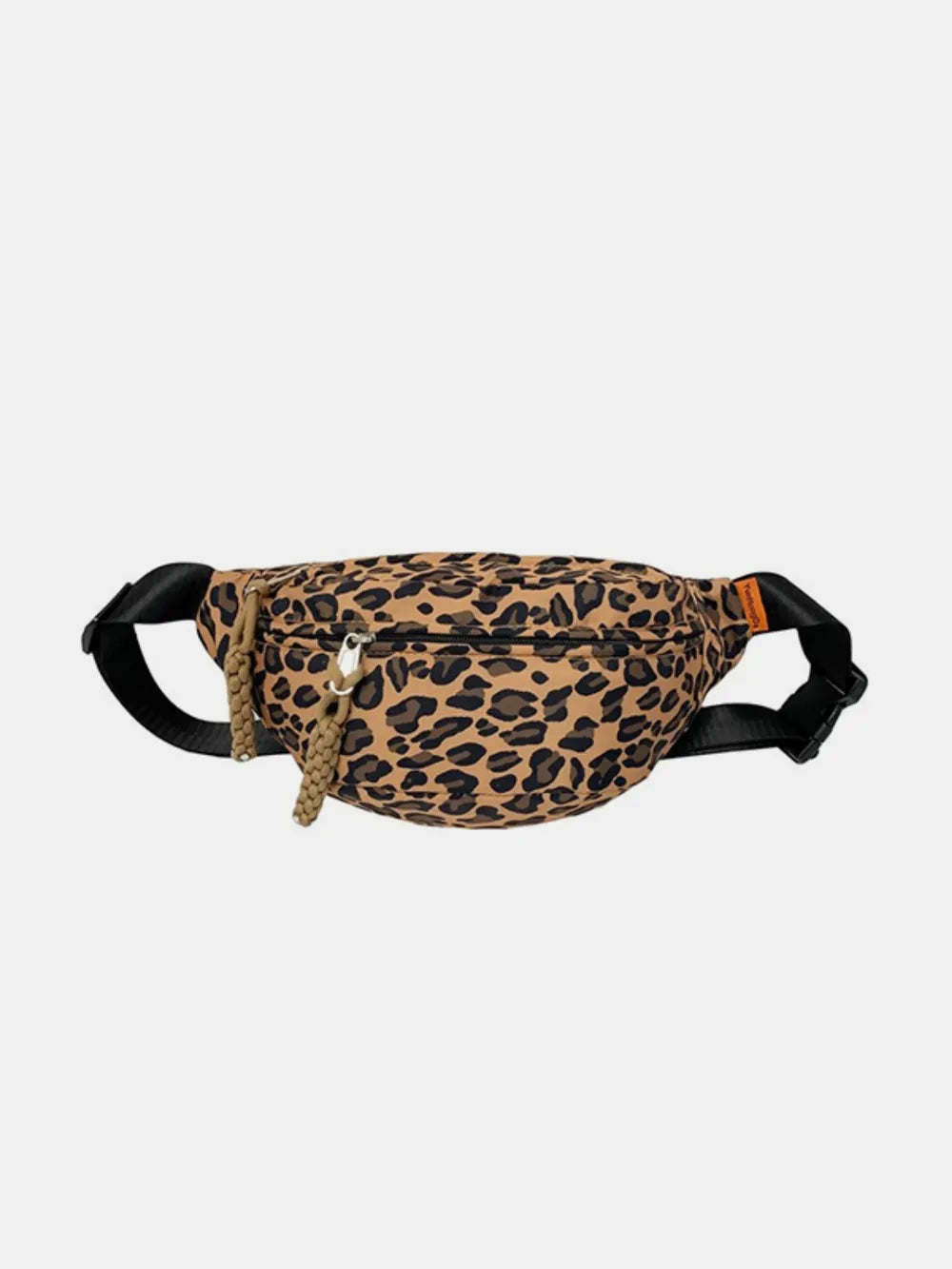 Pleated leopard print sling bag in camel with rope detail and adjustable strap
