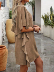 Khaki mini dress with ruffled sleeves and V-neck, casual style.