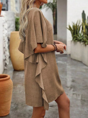 Khaki mini dress with ruffled sleeves and V-neck, casual style.