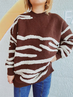 Brown acrylic crewneck sweater with textured white stripes, crew neck, long sleeves.