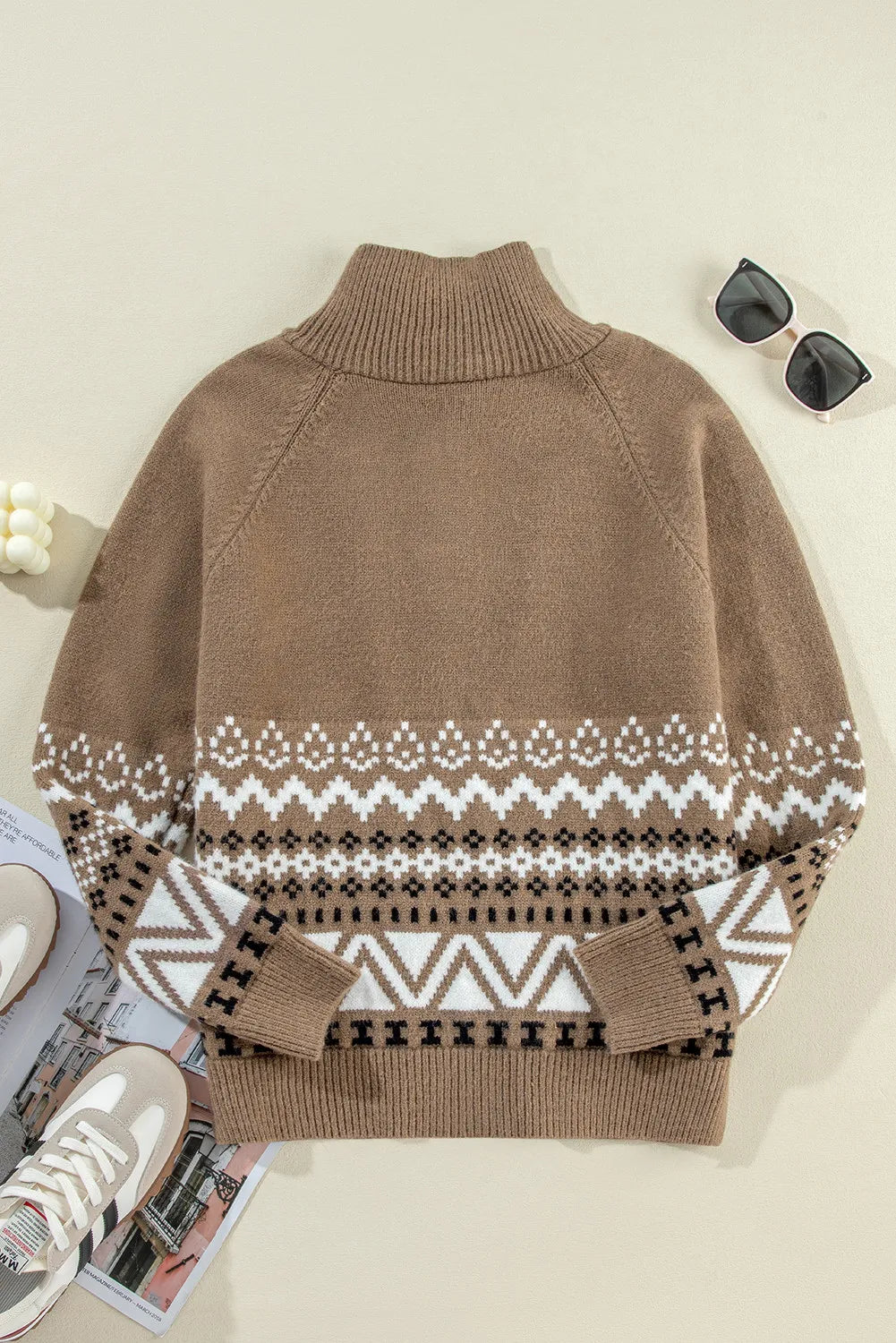 Taupe zip-through knit jacket with Fair Isle pattern and turtleneck.