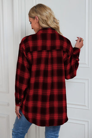 Dreamer Plaid Drop-Shoulder Jacket in red and black plaid, with buttoned cuffs and a relaxed fit.