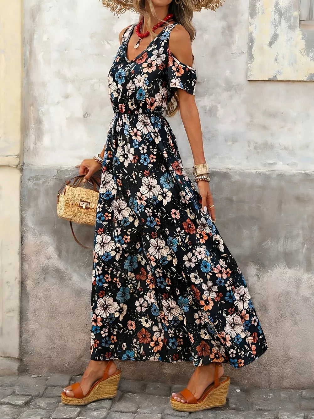 Cold Shoulder Floral Print Maxi Dress in Black, close-up detail