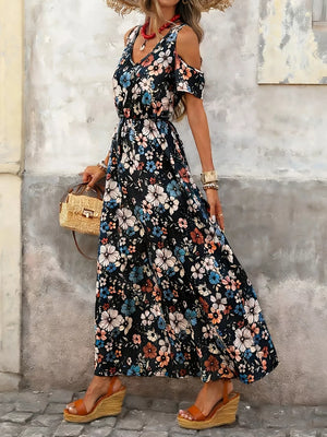 Cold Shoulder Floral Print Maxi Dress in Black, close-up detail