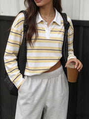 Striped Long Sleeve Polo Top in Yellow, front view