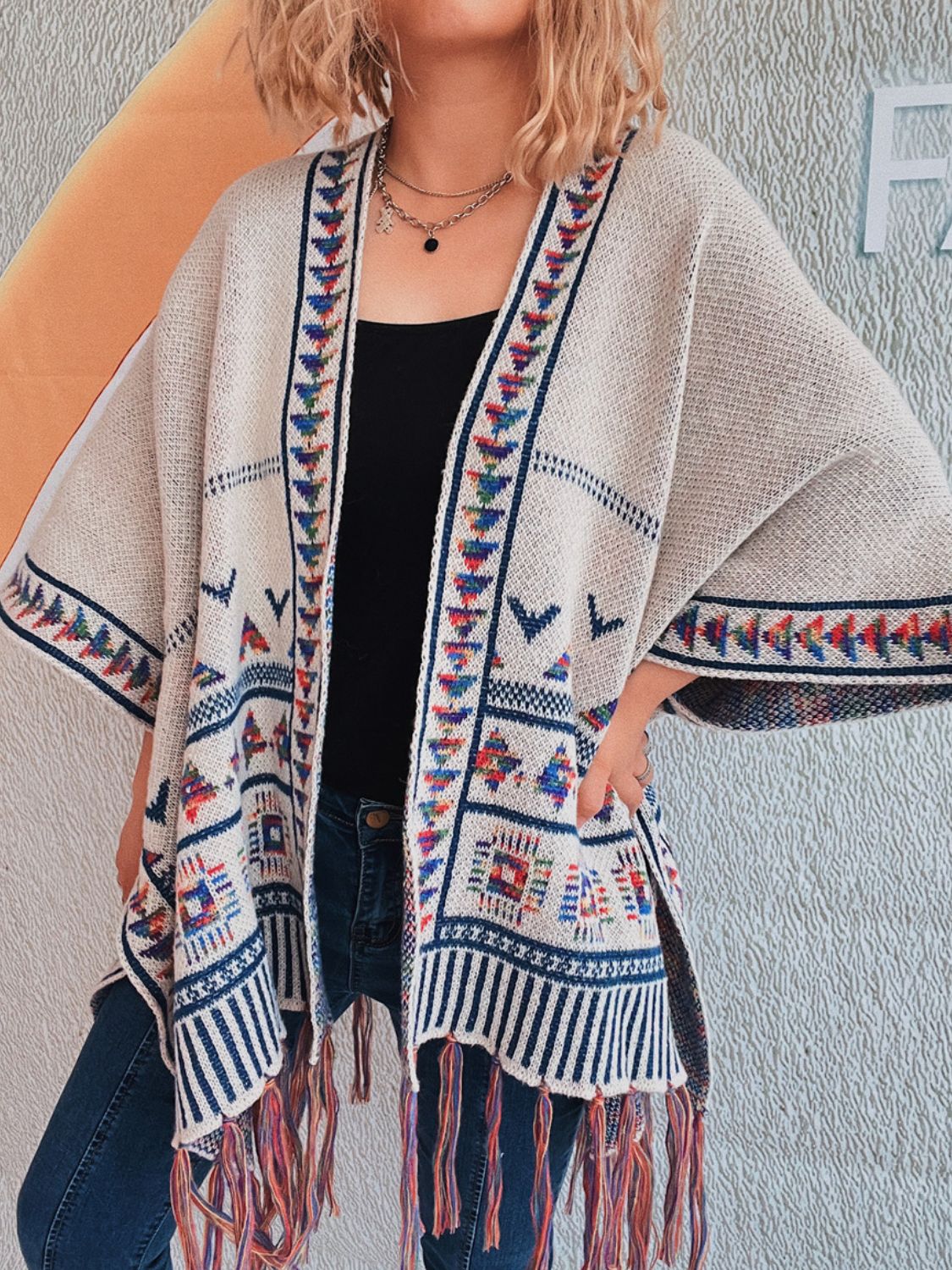 Apricot embroidered trim kimono with fringe hem and boho pattern