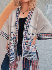 Apricot embroidered trim kimono with fringe hem and boho pattern