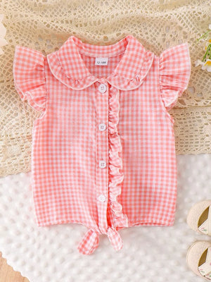 Children's Gingham Ruffle Collar Sleeveless Shirt in Yellow, alternate angle