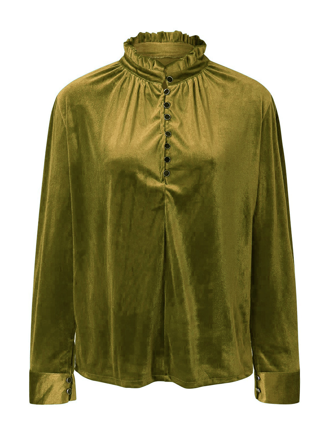 Olive velvet blouse with mandarin collar, ruffled neckline, and button front.