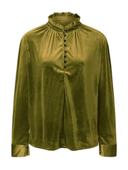 Olive velvet blouse with mandarin collar, ruffled neckline, and button front.