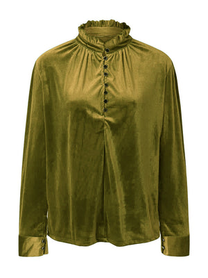 Olive velvet blouse with mandarin collar, ruffled neckline, and button front.